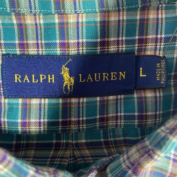 RALPH LAUREN Shirt Plaid Long Sleeve Button Down Oxford Casual Mens L Teal Green - Picture 4 of 9